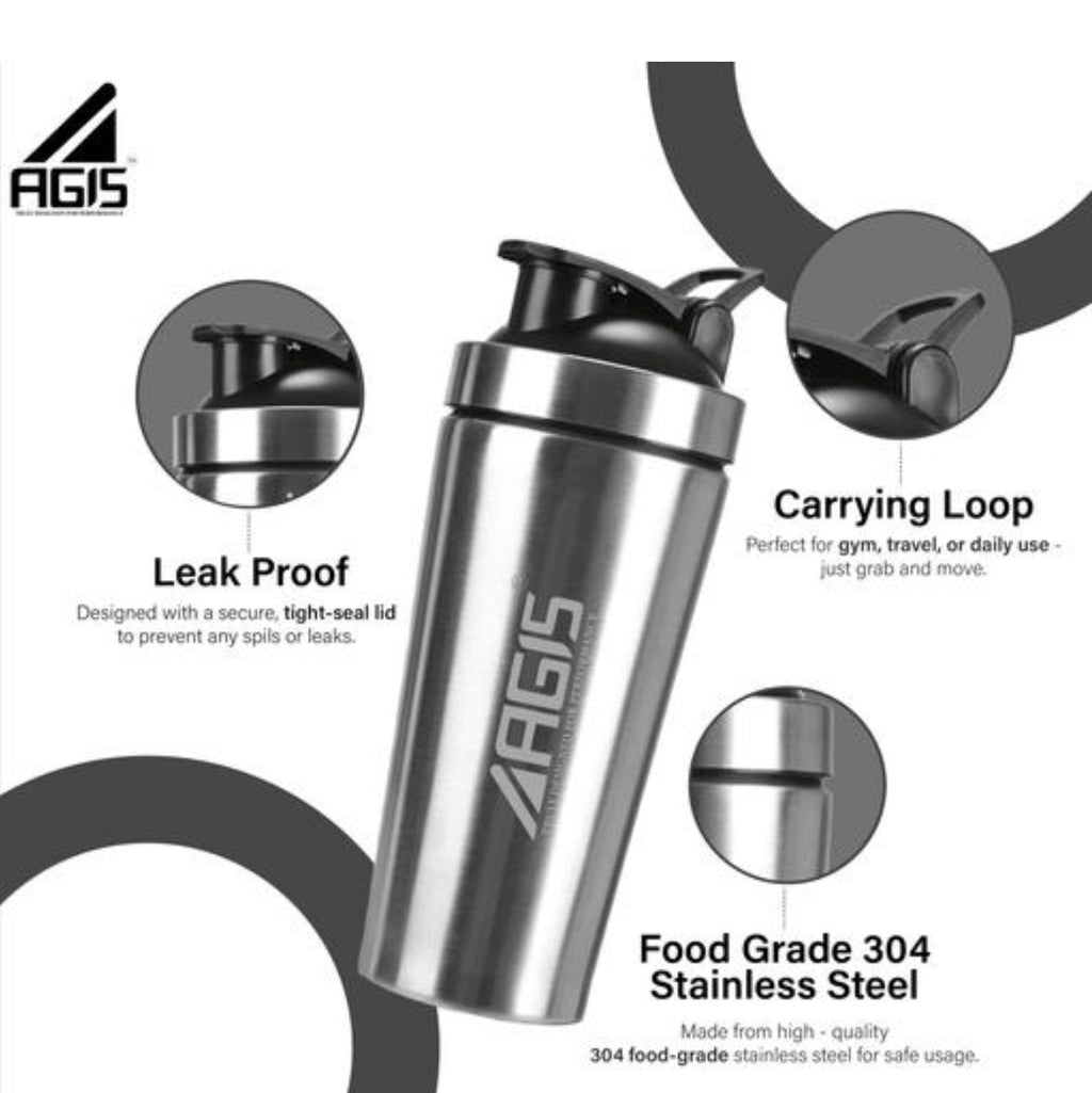AGIS Stainless Steel Shaker Bottle – 304 Food Grade | Leak Proof with Carrying Loop