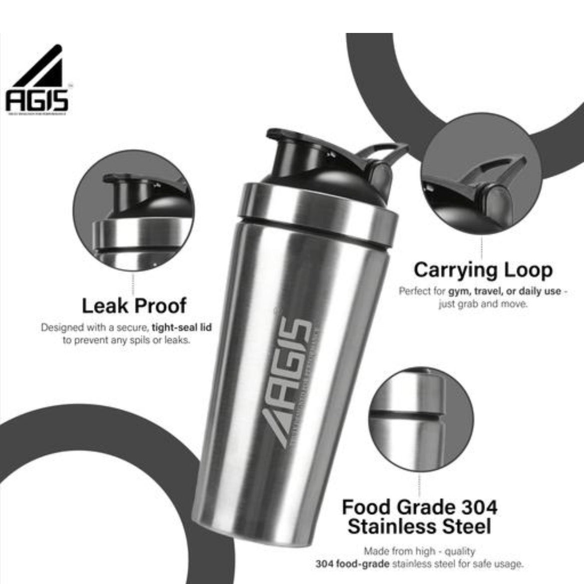 AGIS Stainless Steel Shaker Bottle with Leak Proof Lid and Carrying Loop