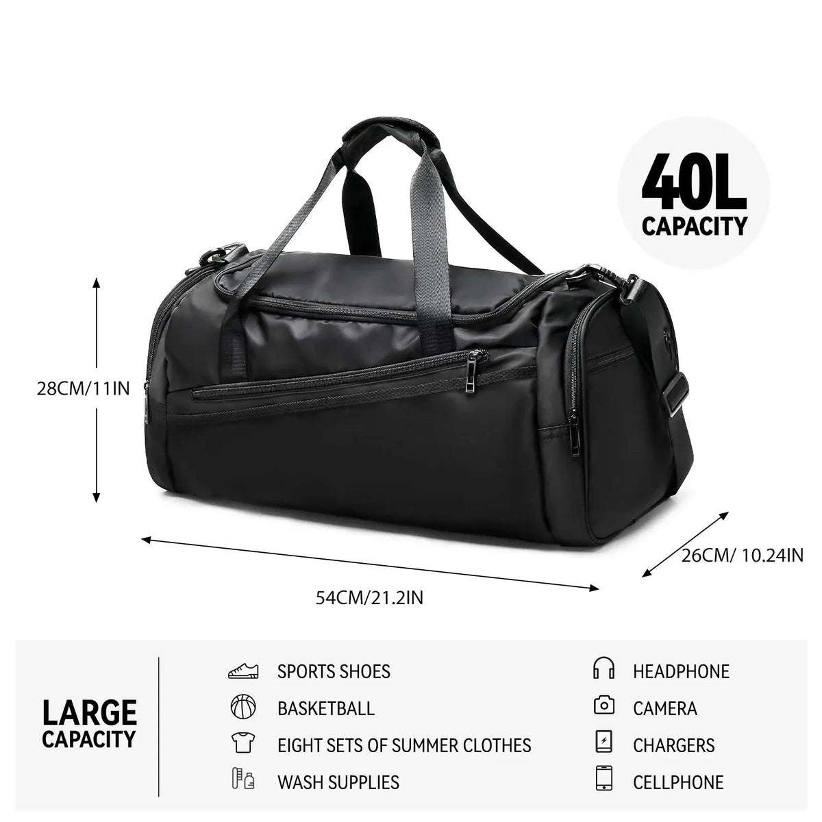 NNEOBA 40L Foldable Sports Gym Travel Duffel Bag Black